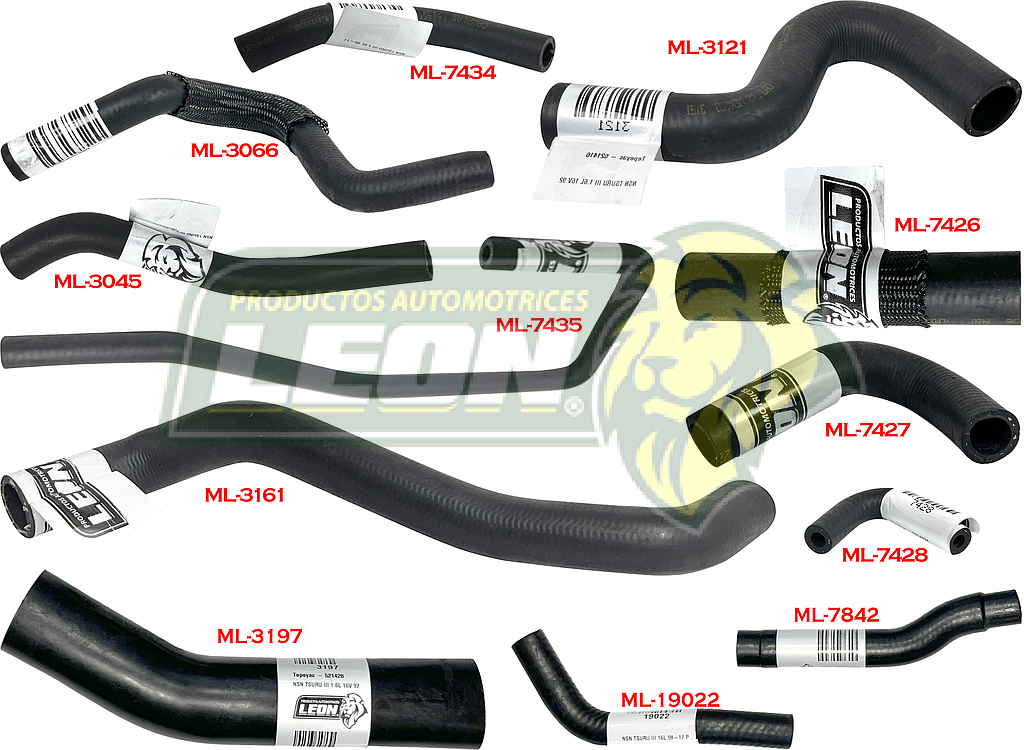 MANGUERAS MOLDEADAS DE ENFRIAMIENTO NISSAN TSURU III 1.6L 93-17 (KIT c/12 pzas.) LEÓN