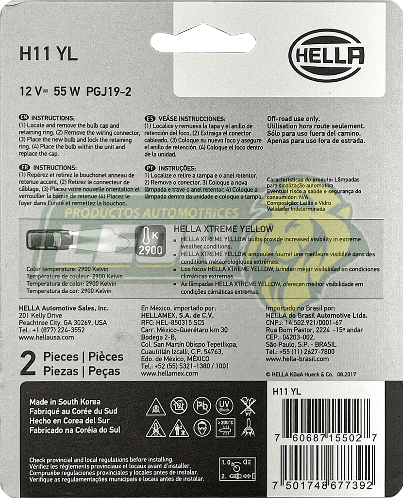 FOCO H11 HELLA BOMBILLA AMARILLO 12V 55W PREMIUM 2900K (211730941) (JGO. c/2 pzas.)