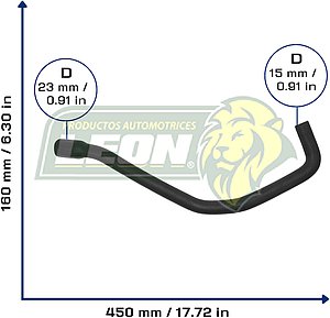 MANGUERA CALEFACCION  FORD F250 SUPER DUTY V10 6.8L 99-05, THUNDERBIRD V8 3.9L 2003, RANGER II V8 5.4L 99-04, EXCURSION V10 6.8L 00-05, G.M. MALIBU L4 2.2L 04-05, TOYOTA PICKUP L4 2.4L 84-91, 4RUNNER L4 2.4L 84-88, MAZDA MPV V6 3.0L 96-98, HONDA CIVIC L4 1.5L 84-87, PASSPORT L4 2.6 94-96, DODGE RAIDER V6 3.0L 1989, MITSUBISHI OUTLANDER L4 2.4L 2003, OLDSMOBILE INTRIGUE V6 3.5L 99-02, KIA SPORTAGE L4 2.0L, ISUZU AMIGO L4 2.6L 89-94, RODEO L4 2.6L 91-94, M. BENZ V10 6.8L 99-05 (3058193711, 0K01961212) Ø: 15x25 mm, L: 150x450 mm, LONGITUD: 540 mm