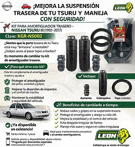 KIT PARA AMORTIGUADOR NISSAN TSURU III 92-17 TRASERO LARGO (AUMENTO + CUBREPOLVO + REBOTE)