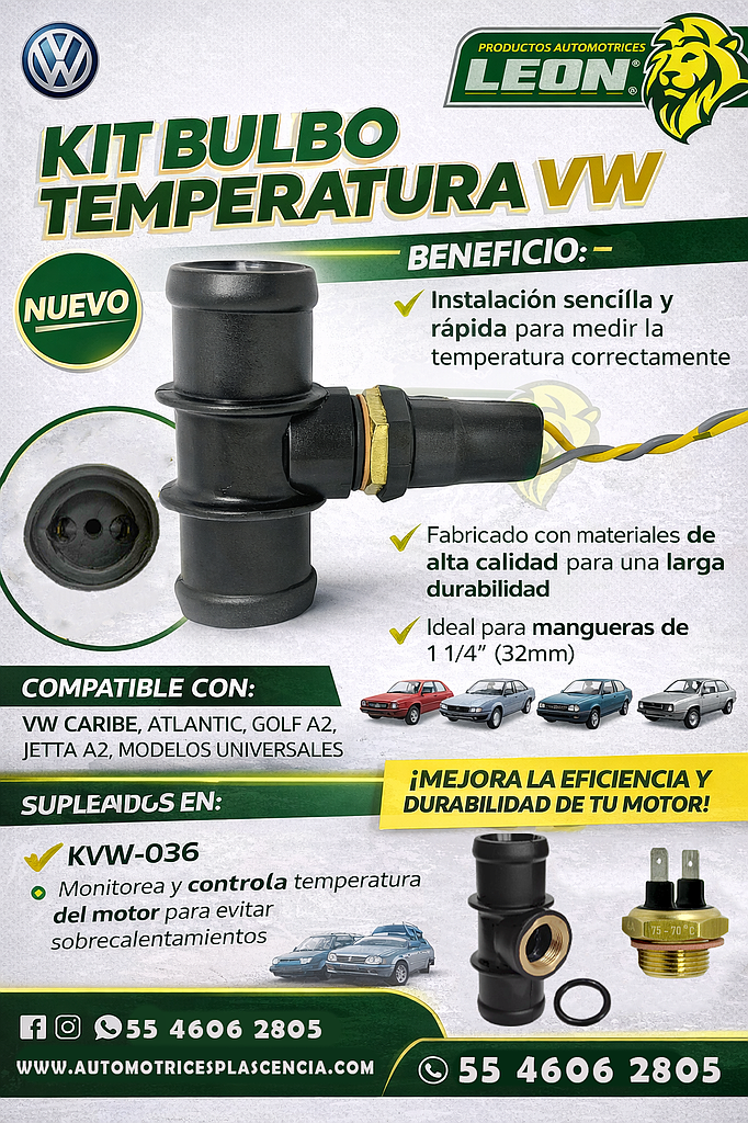 KIT BULBO TEMPERATURA VW CARIBE, ATLANTIC, GOLF A2, JETTA A2, UNIVERSAL 705 75°-70° (INCLUYE ARNES, T CONECTOR, Y JUNTAS) P/MANGUERA DE 1” 1/4
