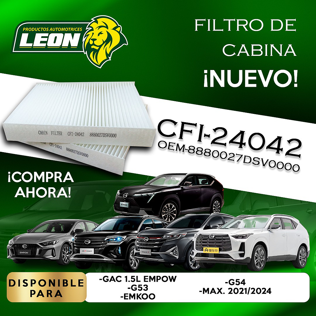 FILTRO CABINA GAC EMKOO 1.5L 24-25, EMPOW 55 1.5L 21-23, GS3 1.5L 23-24, GS4 MAX 1.5L 2025 (FC24042CA, 8880027DSV000)