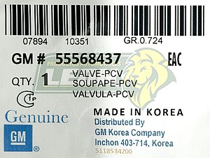 VALVULA PCV GM ASTRA 1.8L 2008, AVEO 1.6L 09-11, CRUZE 1.8L 10-18, SONIC 1.6L 1.8L 12-18, TRAX 1.8L 13-20 (320-002, 25198656, 55568261, 93746932)