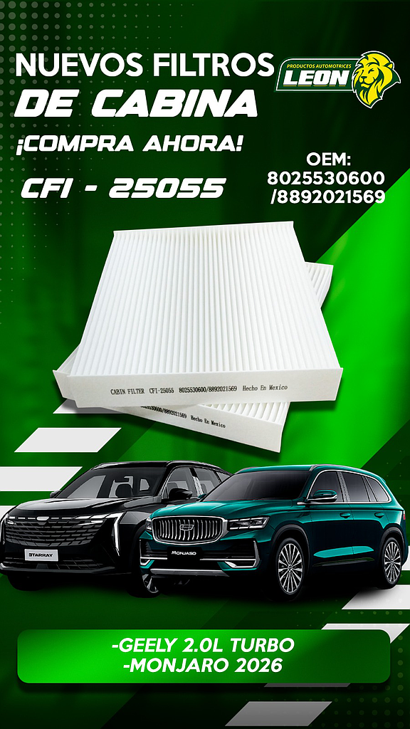 FILTRO DE CABINA GEELY TURBO 2.0L, MONJARO 2026 (8025530600, 8892021569)