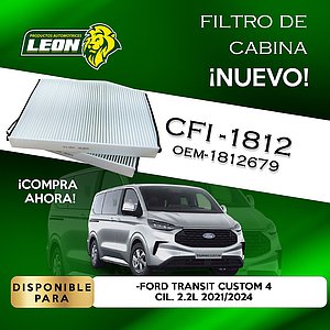 FILTRO DE CABINA FORD TRANSIT CUSTOM 4 2.0, 2.2, 3.7L 14-24 (CFI-1812, CU29007, LA947, C1812, 1812679)