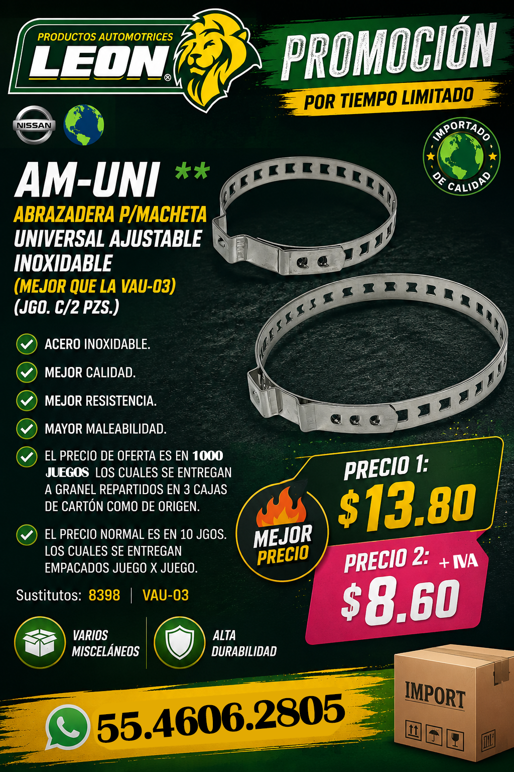ABRAZADERA P/MACHETA UNIVERSAL AJUSTABLE INOXIDABLE (MEJOR QUE LA VAU-03) (JGO. c/2 pzas.)