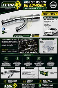 TUBO DEL MULTIPLE DE ADMISION NISSAN TSURU III 4C. 1.6L 98-17 (914001, 120-503, 14001-F4301, TRN4102)