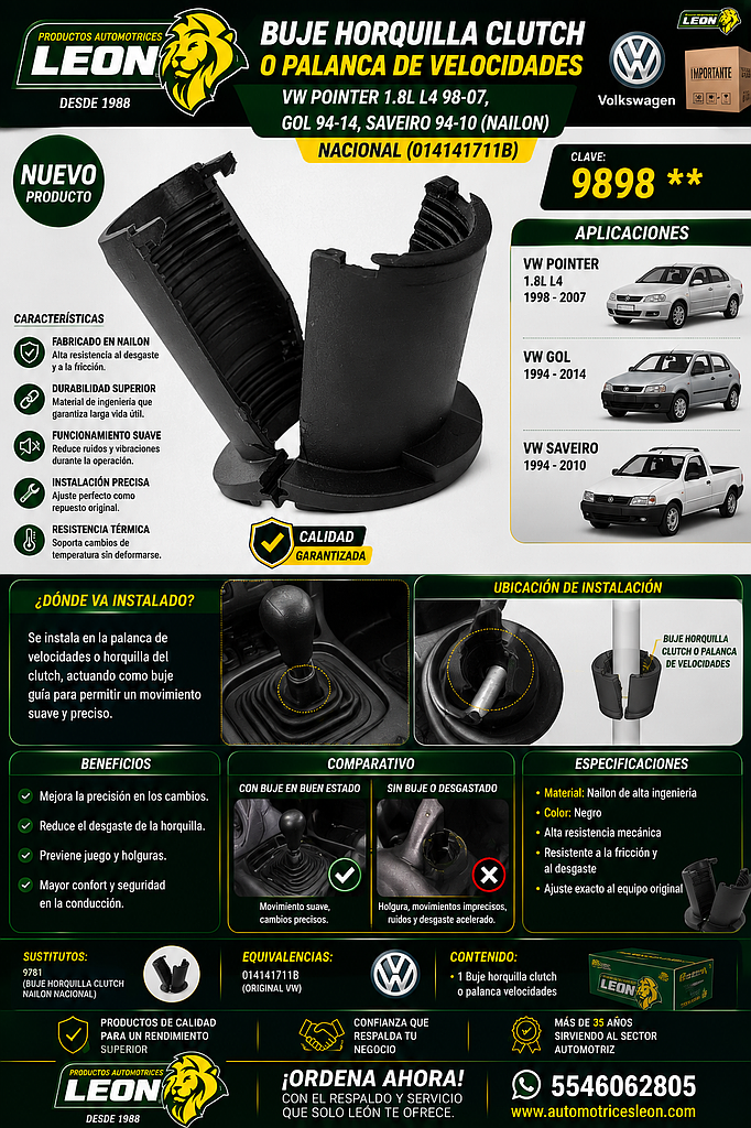 BUJE HORQUILLA CLUTCH o PALANCA VELOCIDADES VW POINTER 1.8L L4 98-07, GOL 94-14, SAVEIRO 94-10 (NAILON) NACIONAL (014141711B)