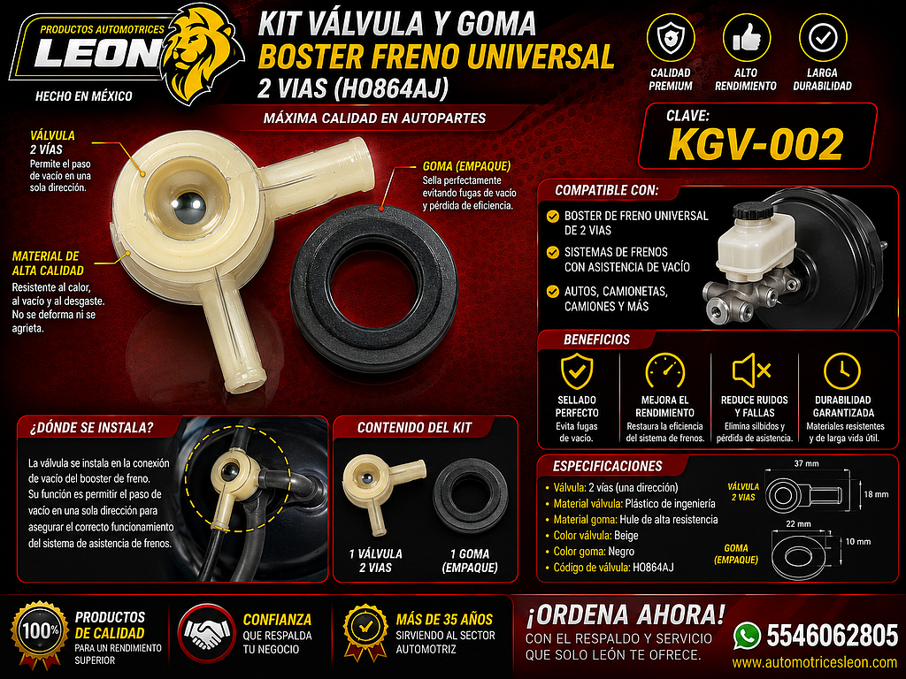 KIT VALVULA Y GOMA BOSTER FRENO UNIVERSAL 2 VIAS (HO864AJ)