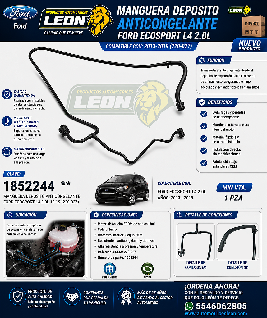 MANGUERA DEPOSITO ANTICONGELANTE FORD ECOSPORT L4 2.0L 13-19 (220-027)
