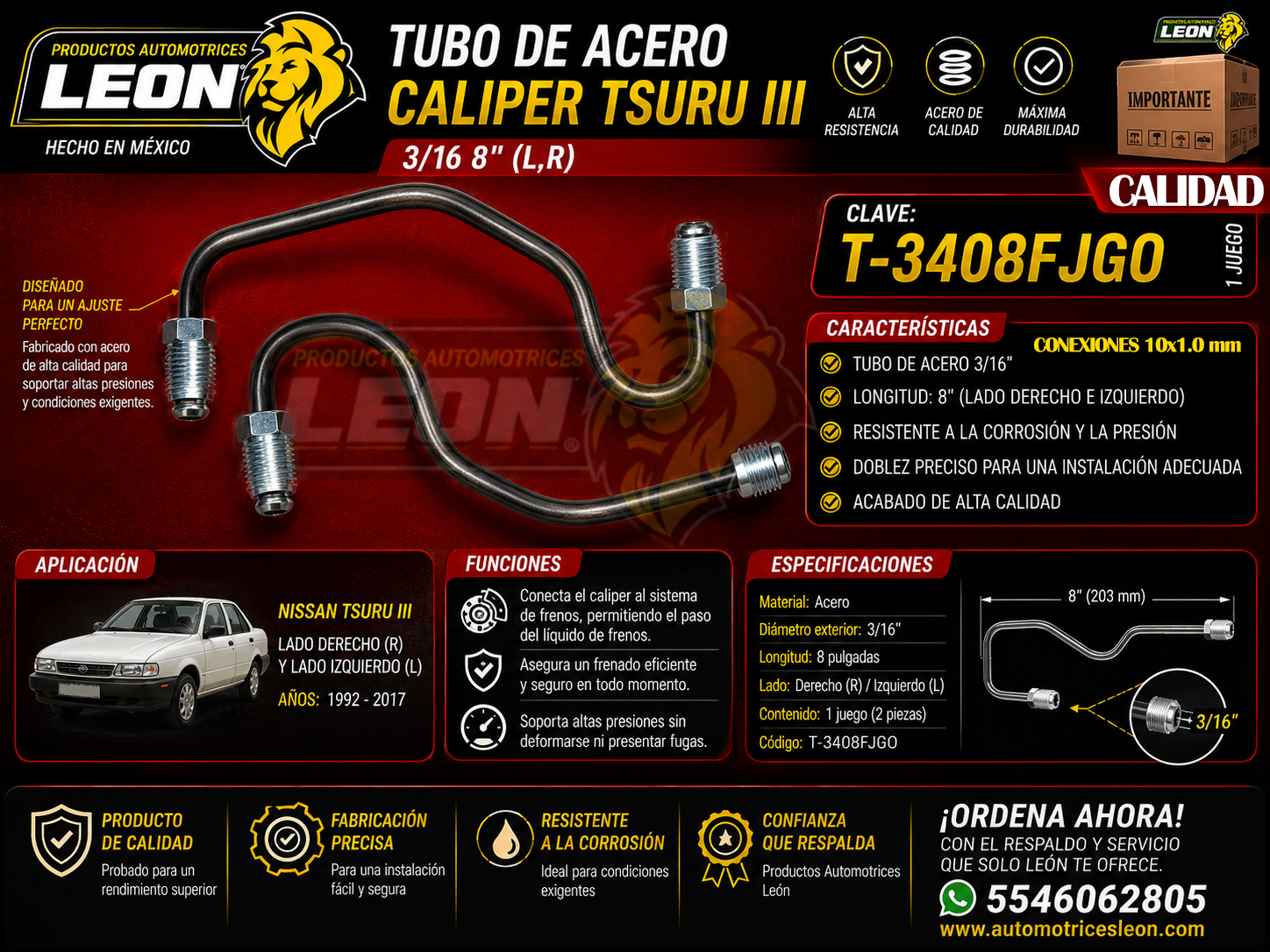 TUBO ACERO PARA FRENO 3/16 CALIPER NISSAN TSURU III FORMADO (JGO. L, R)