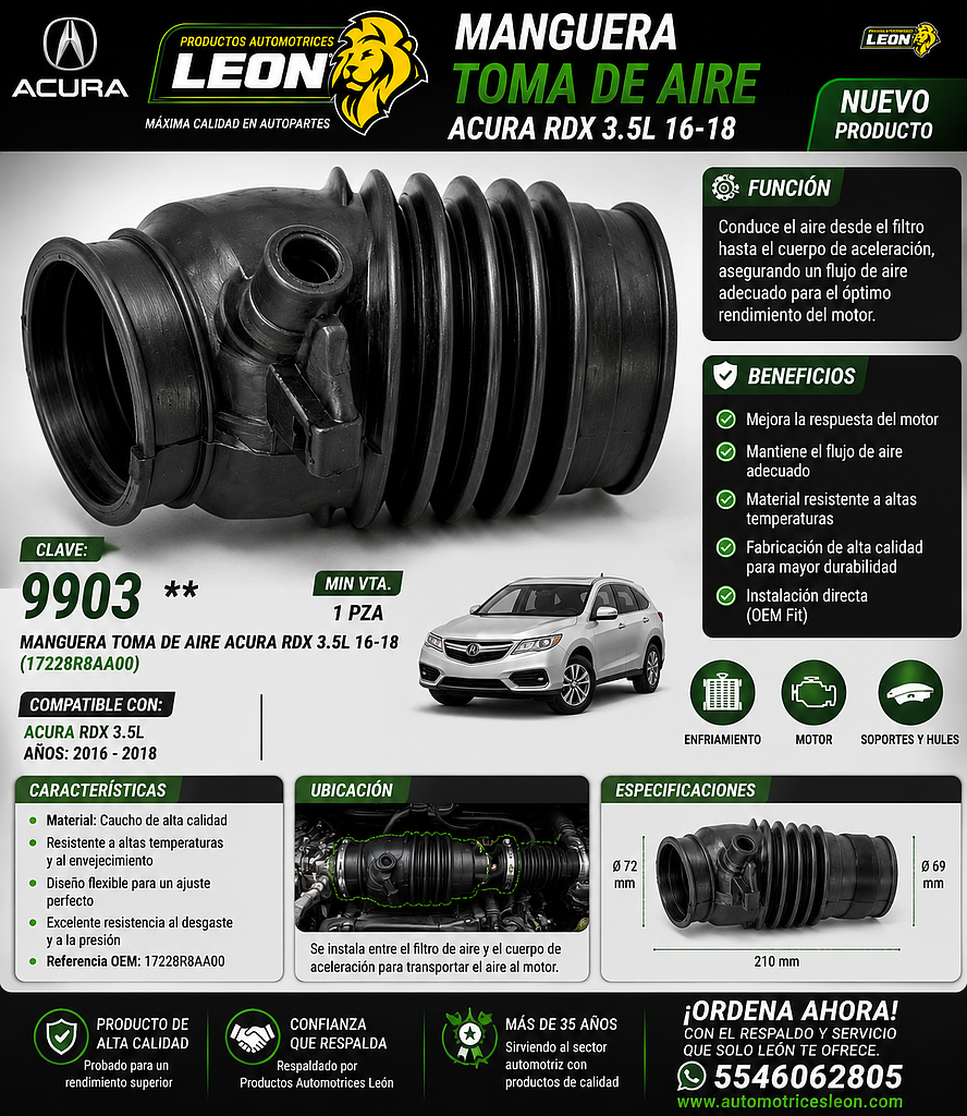 MANGUERA TOMA DE AIRE ACURA RDX 3.5L 16-18 (17228R8AA00)