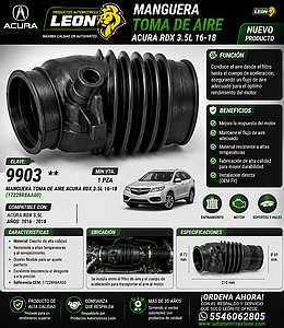 MANGUERA TOMA DE AIRE ACURA RDX 3.5L 16-18 (17228R8AA00)