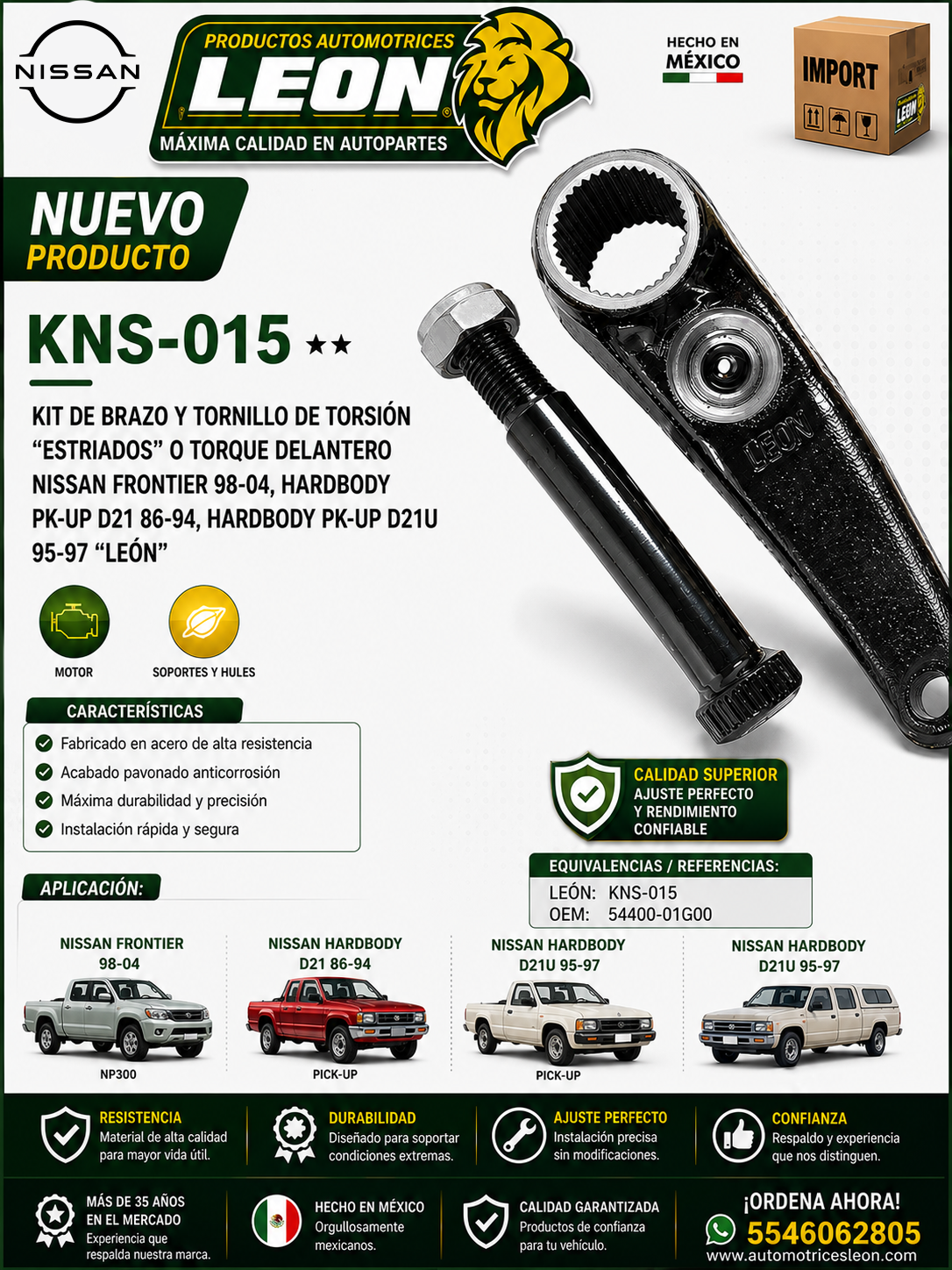 KIT DE BRAZO Y TORNILLO DE TORSION “ESTRIADOS” o TORQUE DELANTERO NISSAN FRONTIER 98-04, HARDBODY PK-UP D21 86-94, HARDBODY PK-UP D21U 95-97 “LEÓN”