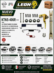 KIT FRENO TAMBOR (R) NISSAN PK-UP D21 91-15, FRONTIER 98-08, URVAN GASOLINA Y DIESEL 02-17, NV350 13-14, NV300 07-13, NP300 D22 11-14, MAXIMA 91-92 1399-574 KT406R