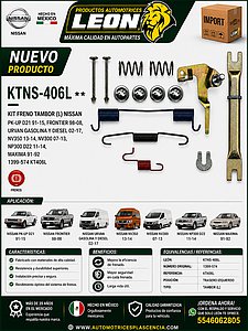 KIT FRENO TAMBOR (L) NISSAN PK-UP D21 91-15, FRONTIER 98-08, URVAN GASOLINA Y DIESEL 02-17, NV350 13-14, NV300 07-13, NP300 D22 11-14, MAXIMA 91-92 1399-574 KT406L