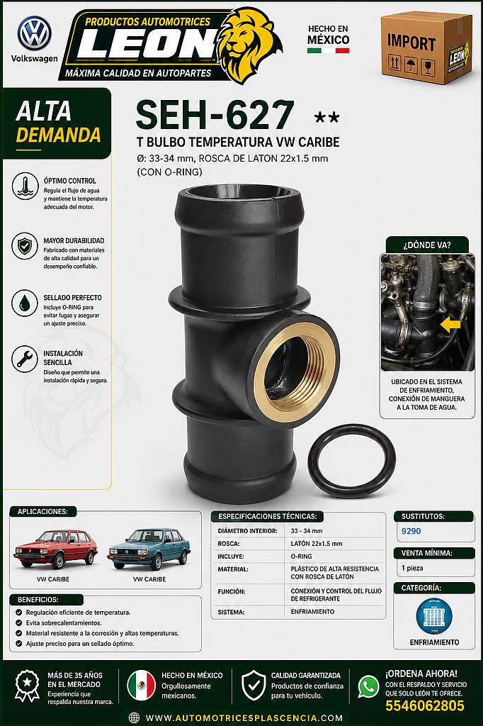 T BULBO TEMPERATURA VW CARIBE Ø: 33-34 mm, ROSCA DE LATON 22x1.5 mm (CON O-RING)