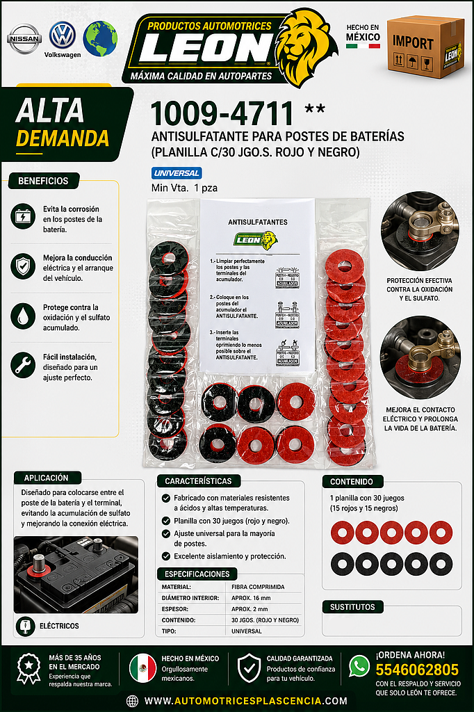 ANTISULFATANTE PARA POSTES DE BATERIAS (PLANILLA C/30 JGO.s. ROJO Y NEGRO)