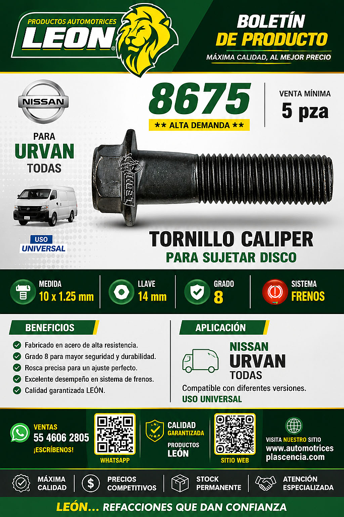TORNILLO CALIPER P/SUJETAR DISCO FD URVAN TODAS 10x1.25mm LL.14mm GRADO 8