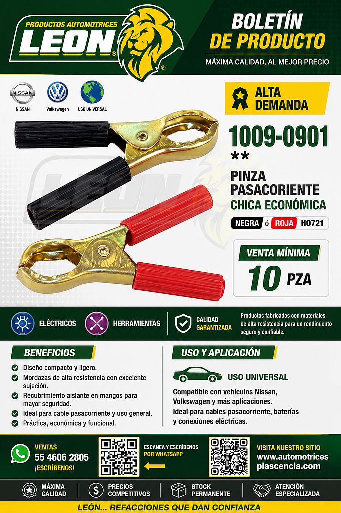 PINZA PASACORIENTE CHICA ECONOMICA NEGRA ó ROJA HO721