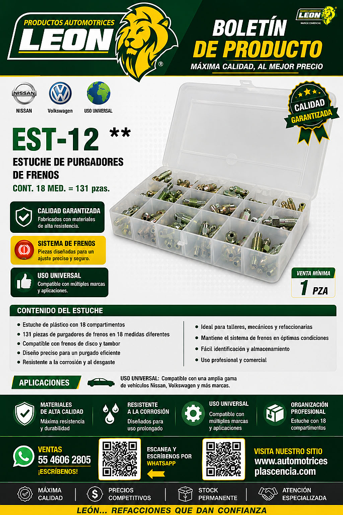 ESTUCHE DE PURGADORES DE FRENOS CONT. 18 MED. = 131 pzas.