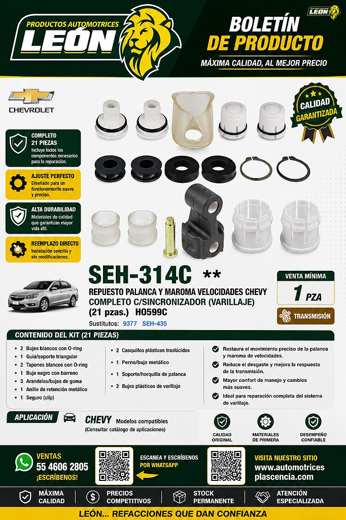 REPUESTO PALANCA Y MAROMA VELOCIDADES CHEVY COMPLETO C/SINCRONIZADOR (VARILLAJE) (21 pzas.) HO599C