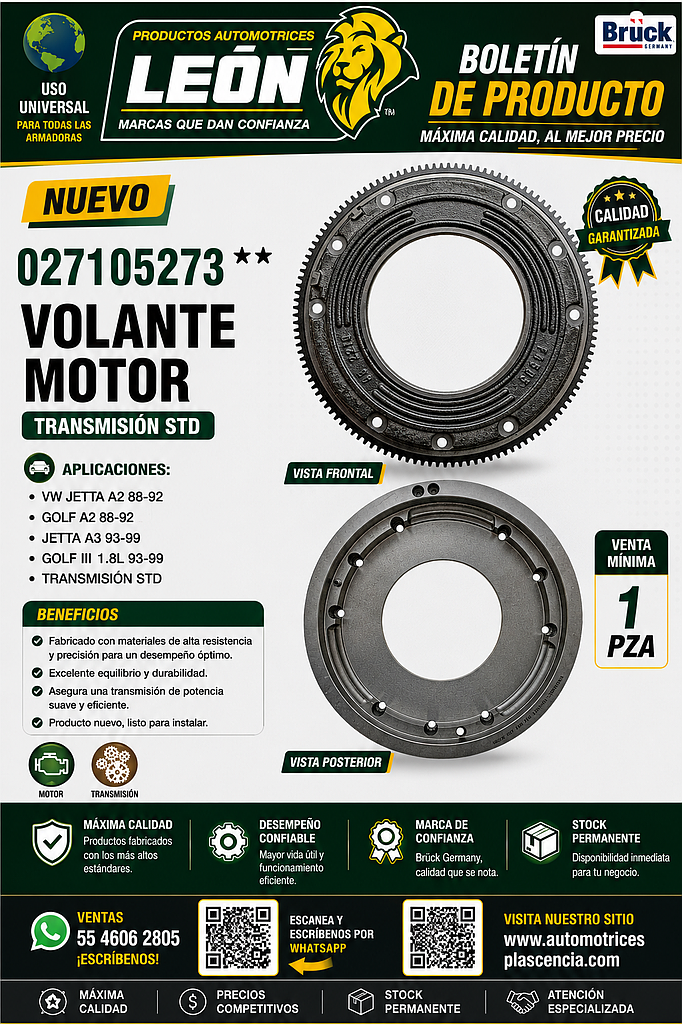 VOLANTE MOTOR VW JETTA A2 88-92, GOLF A2 88-92, JETTA A3 93-99, GOLF III 1.8L 93-99 TRANSMISION STD