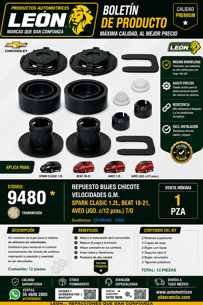 REPUESTO BUJES CHICOTE VELOCIDADES G.M. SPARK CLASIC 1.2L, BEAT 18-21, AVEO (JGO. c/12 pzas.) T/O