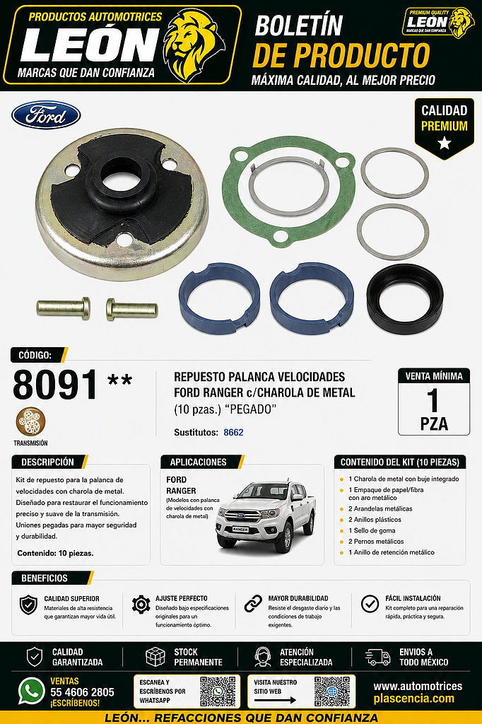 REPUESTO PALANCA VEL. FORD RANGER c/CHAROLA DE METAL (10 pzas.) “PEGADO”
