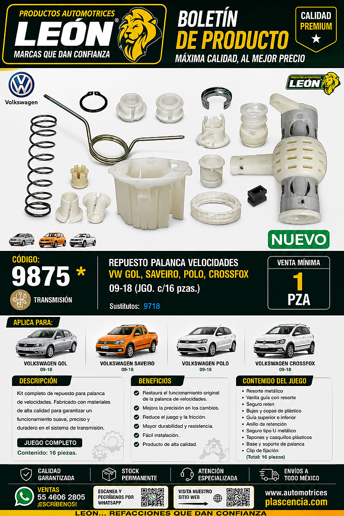 REPUESTO PALANCA VEL. VW GOL, SAVEIRO, POLO, CROSSFOX 09-18 (JGO. c/16 pzas.)