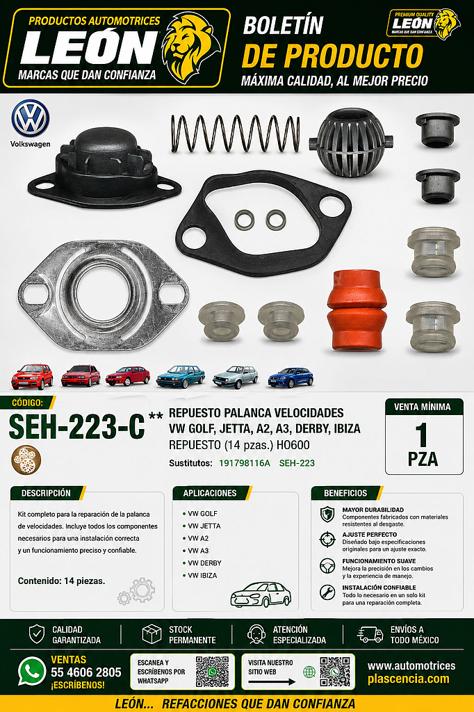 REPUESTO PALANCA VEL. VW GOLF, JETTA, A2, A3, DERBY, IBIZA REPUESTO (14 pzas.) HO600