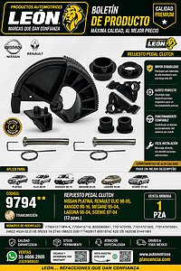 REPUESTO PEDAL CLUTCH NISSAN PLATINA, RENAULT CLIO 98-05, KANGOO 98-16, MEGANE 95-04, LAGUNA 95-04, SCENIC 97-04 (12 pzas).