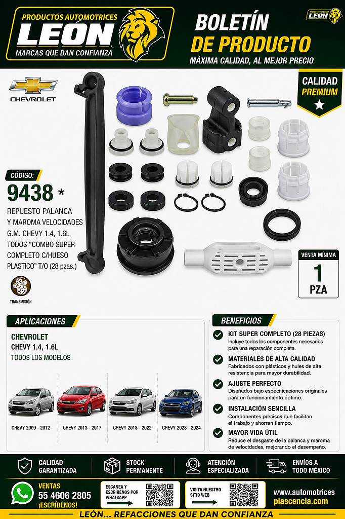 REPUESTO PALANCA Y MAROMA VEL. G.M. CHEVY 1.4, 1.6L TODOS “COMBO SUPER COMPLETO C/HUESO PLASTICO” T/O (28 pzas.)
