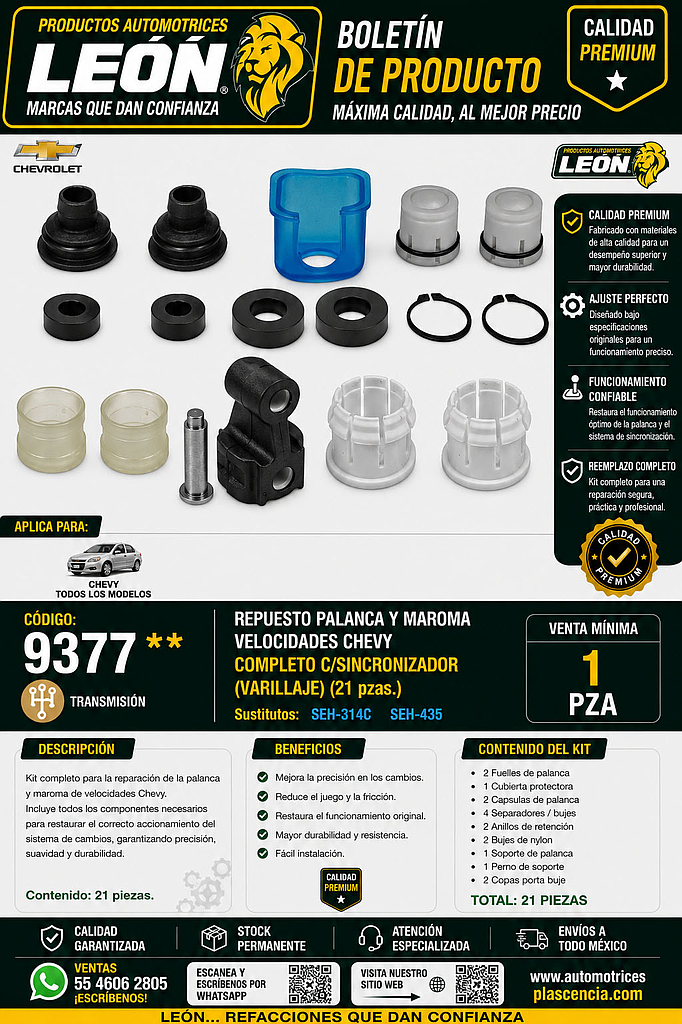 REPUESTO PALANCA Y MAROMA VELOCIDADES CHEVY COMPLETO C/SINCRONIZADOR (VARILLAJE) (21 pzas.)