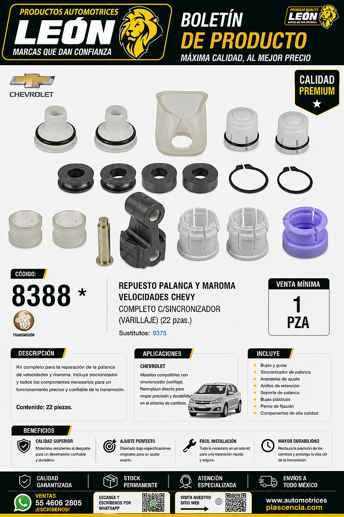 REPUESTO PALANCA Y MAROMA VELOCIDADES CHEVY COMPLETO C/SINCRONIZADOR (VARILLAJE) (22 pzas.)