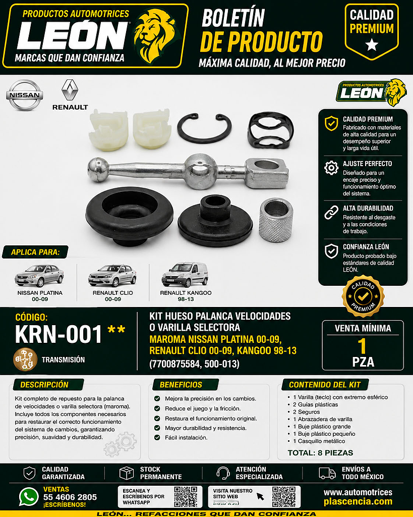 KIT HUESO PALANCA VELOCIDADES o VARILLA SELECTORA MAROMA NISSAN PLATINA 00-09, RENAULT CLIO 00-09, KANGOO 98-13 (7700875584, 500-013)