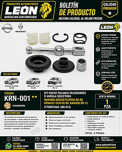 KIT HUESO PALANCA VELOCIDADES o VARILLA SELECTORA MAROMA NISSAN PLATINA 00-09, RENAULT CLIO 00-09, KANGOO 98-13 (7700875584, 500-013)