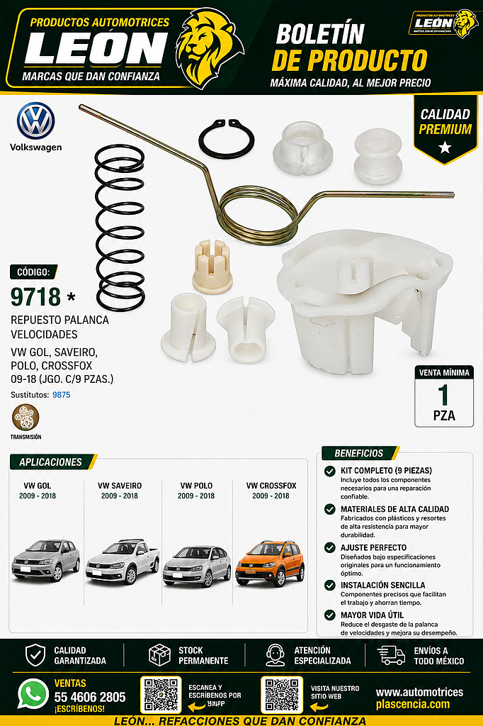 REPUESTO PALANCA VEL. VW GOL, SAVEIRO, POLO, CROSSFOX 09-18 (JGO. c/9 pzas.)