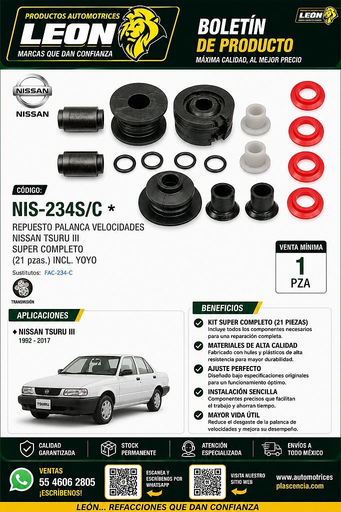 REPUESTO PALANCA VEL. NISSAN TSURU III SUPER COMPLETO (21 pzas.) INCL. YOYO