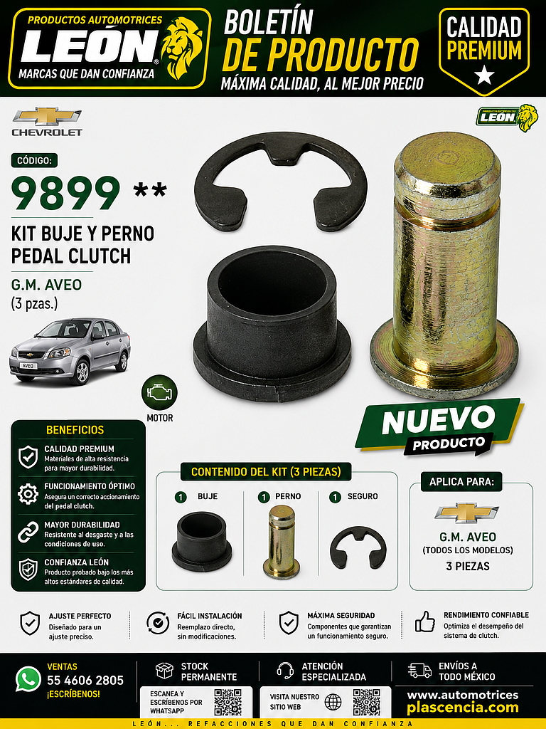 KIT BUJE Y PERNO PEDAL CLUTCH G.M. AVEO (3 pzas.)