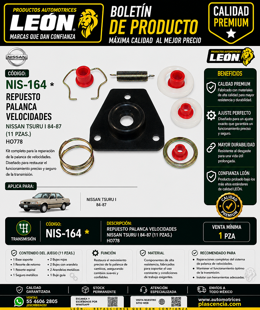 REPUESTO PALANCA VEL. NISSAN TSURU I 84-87 (11 pzas.) HO778