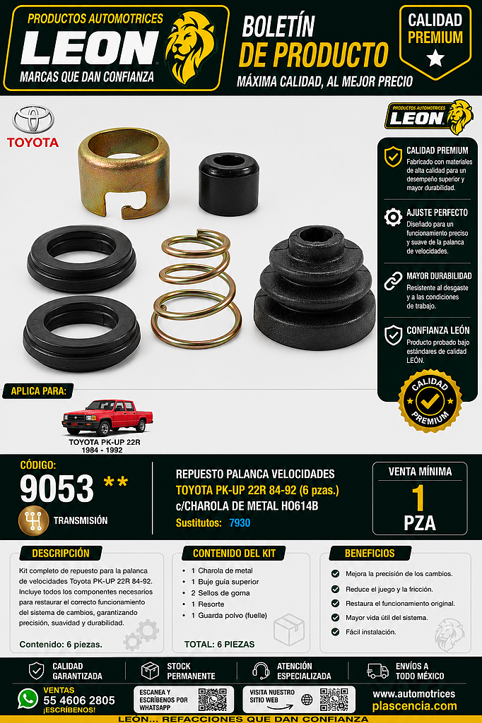 REPUESTO PALANCA VEL. TOYOTA PK-UP 22R 84-92 (6 pzas.) c/CHAROLA DE METAL HO614B