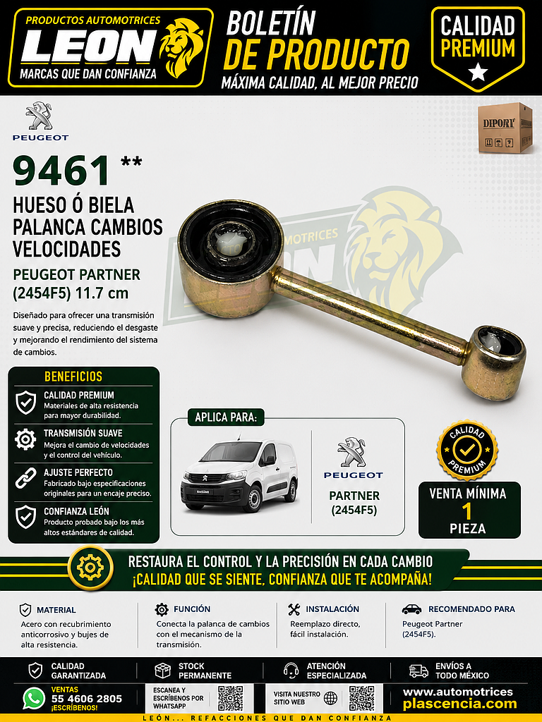 HUESO ó BIELA PALANCA CAMBIOS VELOCIDADES PEUGEOT PARTNER (2454F5) 11.7 cm