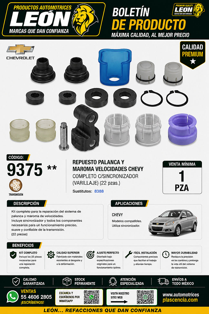 REPUESTO PALANCA Y MAROMA VELOCIDADES CHEVY COMPLETO C/SINCRONIZADOR (VARILLAJE) (22 pzas.)