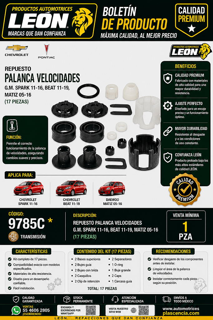 REPUESTO PALANCA VEL. G.M. SPARK 11-16, BEAT 11-19, MATIZ 05-16 (17 pzas.)