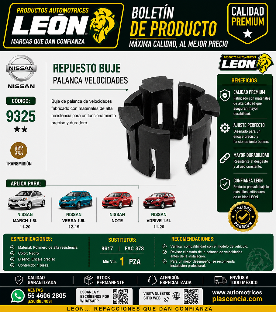 REPUESTO BUJE PALANCA VELOCIDADES NISSAN MARCH 1.6L 11-20, VERSA 1.6L 12-19, NOTE, VDRIVE 1.6L 11-20 (1 pza.) NEGRO
