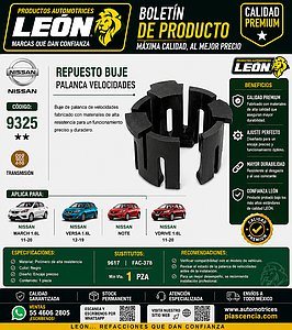 REPUESTO BUJE PALANCA VELOCIDADES NISSAN MARCH 1.6L 11-20, VERSA 1.6L 12-19, NOTE, VDRIVE 1.6L 11-20 (1 pza.) NEGRO