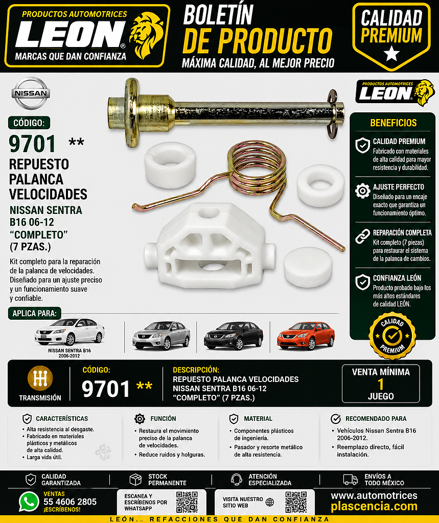 REPUESTO PALANCA VEL. NISSAN SENTRA B16 06-12 “COMPLETO” (7 pzas.)