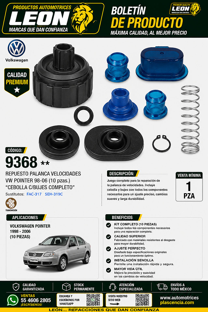 REPUESTO PALANCA VEL. VW POINTER 98-06 (10 pzas.) “CEBOLLA C/BUJES COMPLETO”