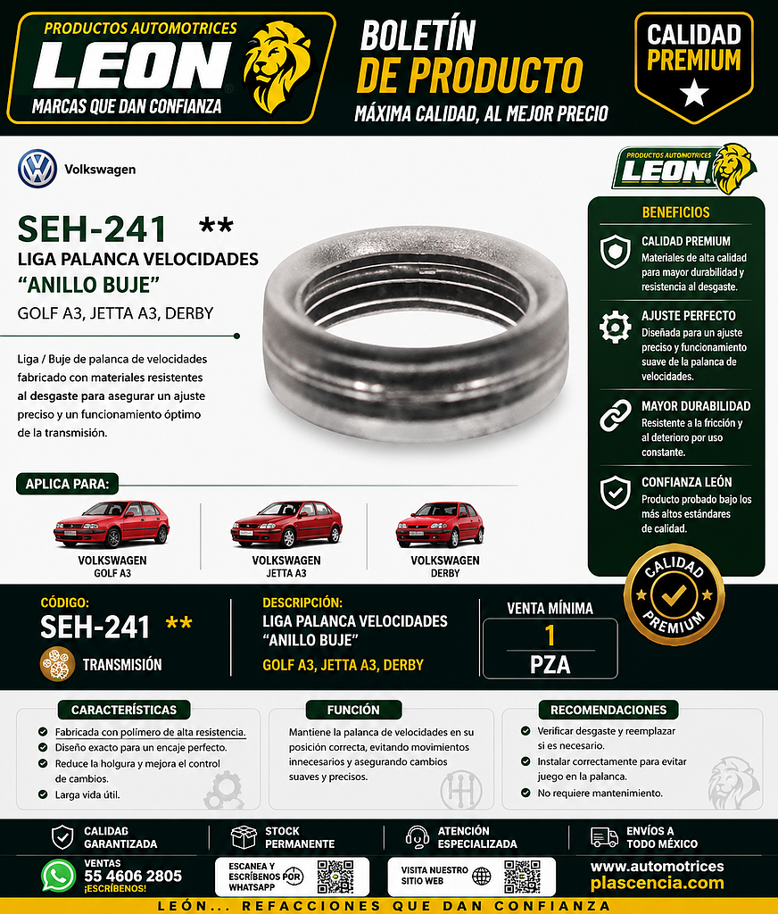 LIGA PALANCA VELOCIDADES GOLF A3, JETTA A3, DERBY “ANILLO BUJE”